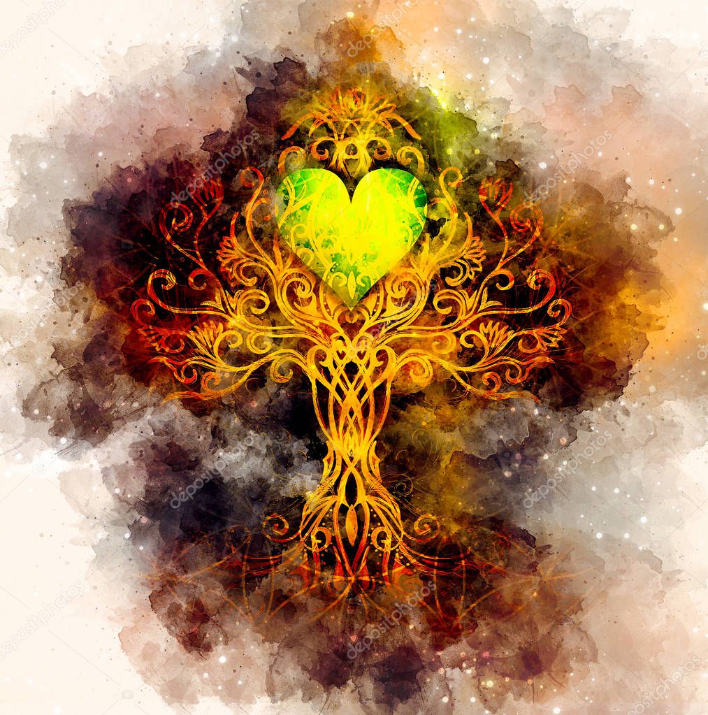 tree of life symbol on structured ornamental background with heart shape, flower of life pattern, yggdrasil.