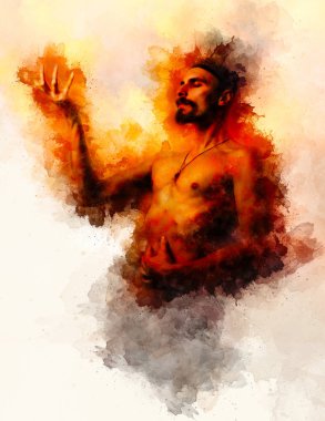 mistik adam ve suluboya arka plan usulca bulanık.