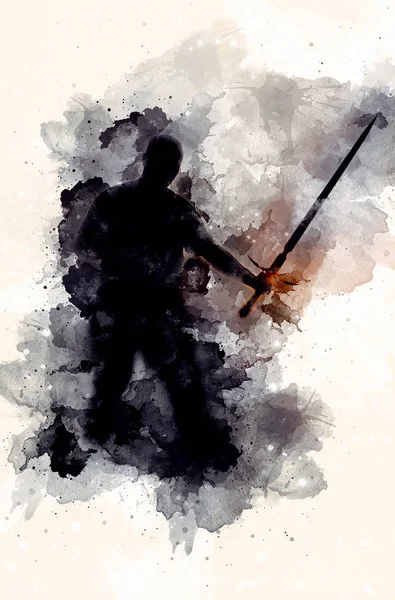 Shadow warior with sword and Softly blurred watercolor background. — Stock Photo, Image