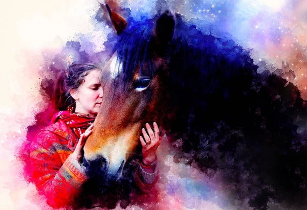 Un cheval et une fille adorés, une fille embrassant un cheval. Portrait femme et cheval et fond aquarelle doucement flou. — Photo