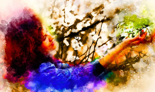 Jovem mulher poética com flor e fundo aquarela suavemente borrada . — Fotografia de Stock