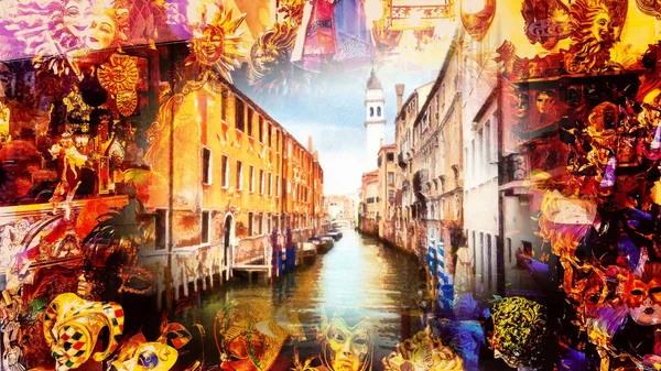 Romantiska Landskap Venedig Och Karneval Masker Dator Målning — Stockfoto