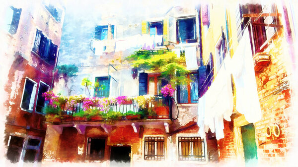 venetian scenery with balconies with flowers and drying clothes, Computer painting