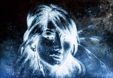 Güzel düşünce Hintli kadın yüzü çizim. Renk efekti.