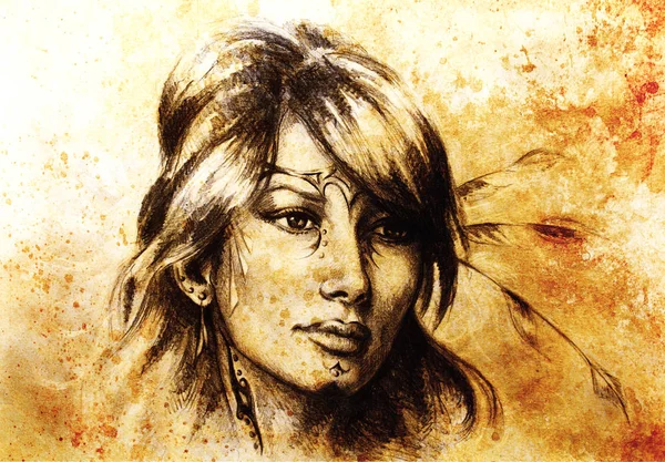 Drawing of beautiful contemplative indian woman face. Color effect. — Stock Photo, Image