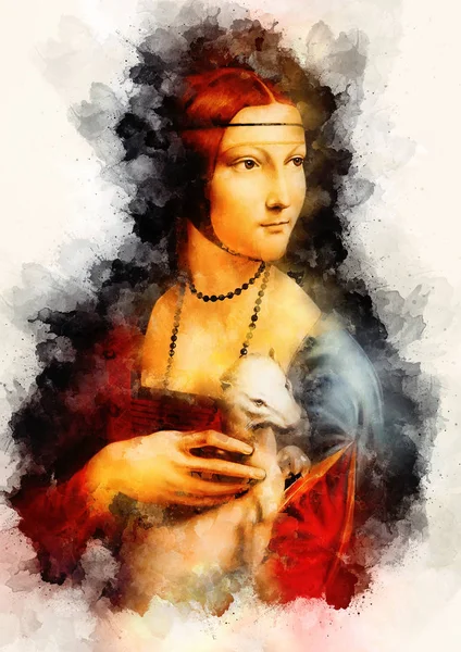 Moja własna reprodukcja obrazu Damy z gronostajem Leonarda da Vinci. Efekt graficzny. — Zdjęcie stockowe