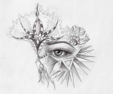 kadın gözü ile süsleme, karakalem, göz teması. Renk efekti ve bilgisayar kolaj.