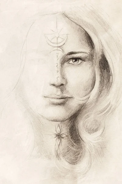 Μυστηριώδης γυναίκα πορτρέτο σχέδιο με σύμβολα, αναδύονται από το φως. — Φωτογραφία Αρχείου