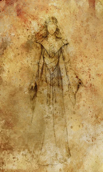 Dessin sur papier de femme mystique portant une robe historique . — Photo