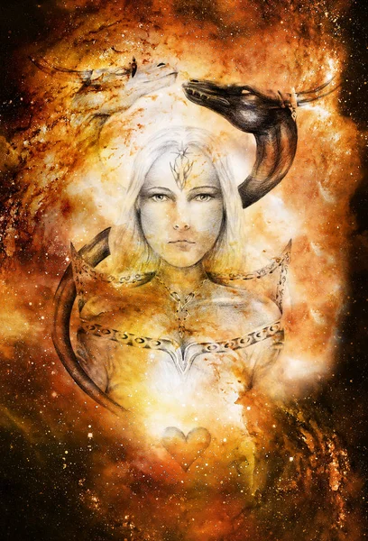 Drawing of mystical young woman in historic dress with two dragon heads above her. Cosmic space, — Stock Photo, Image