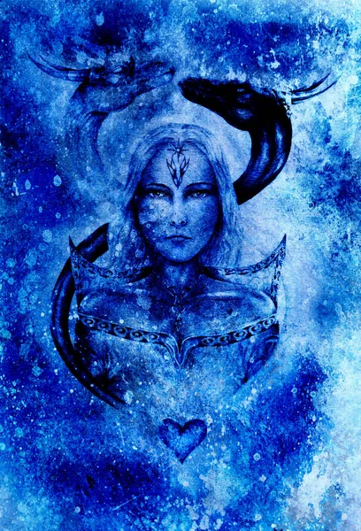 Zeichnung einer mystischen jungen Frau in historischem Gewand mit zwei Drachenköpfen über ihr. Grafische Wirkung. — Stockfoto