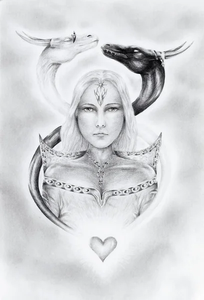 Desenho de mística jovem mulher em vestido histórico com duas cabeças de dragão acima dela. — Fotografia de Stock