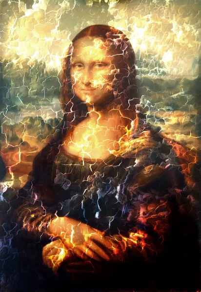 Reproduction of painting Mona Lisa by Leonardo da Vinci and light old effect. — Stock Photo, Image