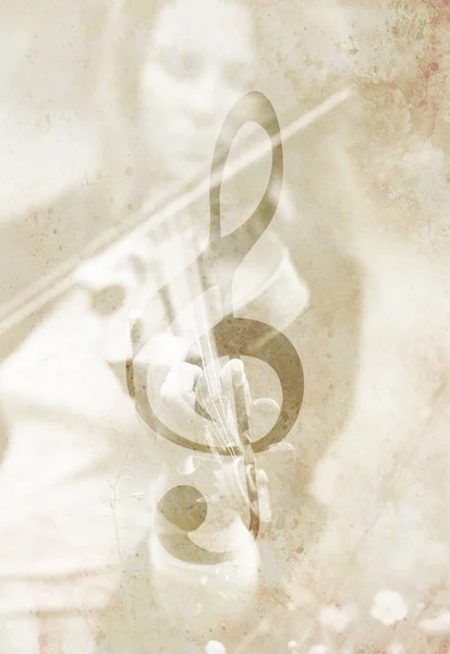 Violist en vioolsleutel. Muziekconcept. Oude structuur. — Stockfoto