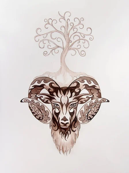 Dekorativní malba Aries, posvátný symbol zvířete a strom života. — Stock fotografie