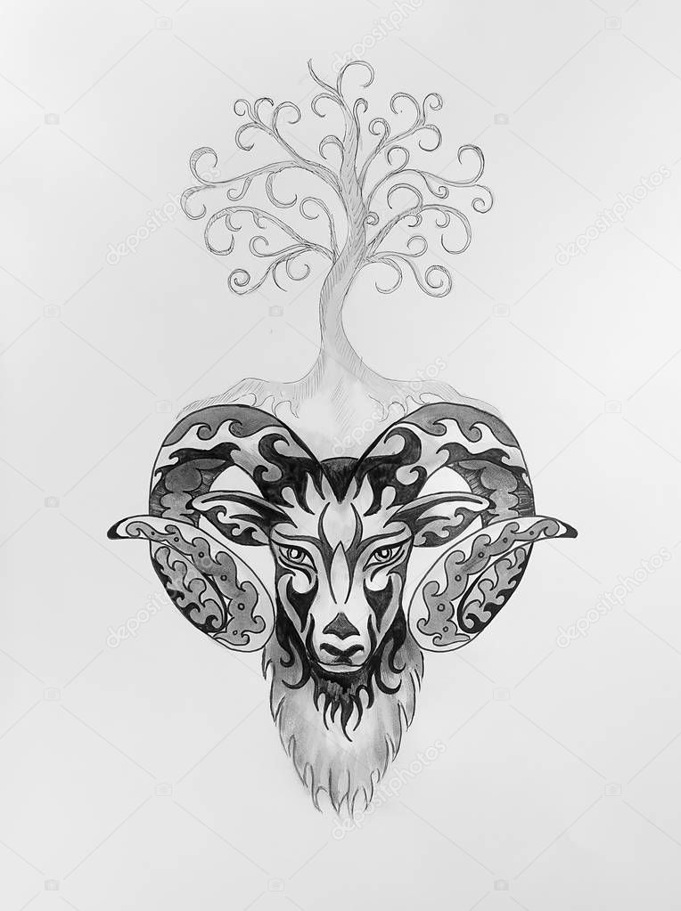 ornamental painting of Aries, sacred animal symbol and tree of life.