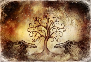 pair of ravens with tree of life symbol. clipart