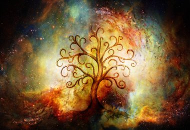 Yapılandırılmış ve uzay arkaplanı üzerinde yaşam sembolü ağacı, yggdrasil.
