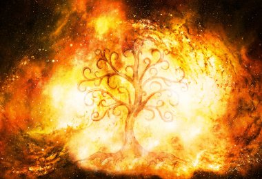 Yapılandırılmış ve uzay arkaplanı üzerinde yaşam sembolü ağacı, yggdrasil.