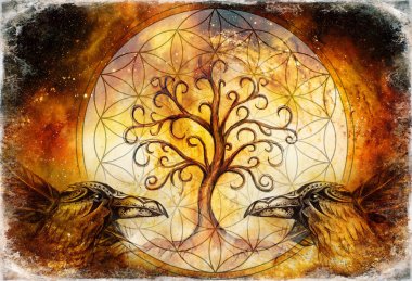 pair of ravens with tree of life and sacred geometry flower of life symbol, space background. clipart
