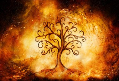 Yapılandırılmış ve uzay arkaplanı üzerinde yaşam sembolü ağacı, yggdrasil.