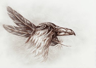 kağıt üzerinde tüyleri ile süs kuzgun çizim.