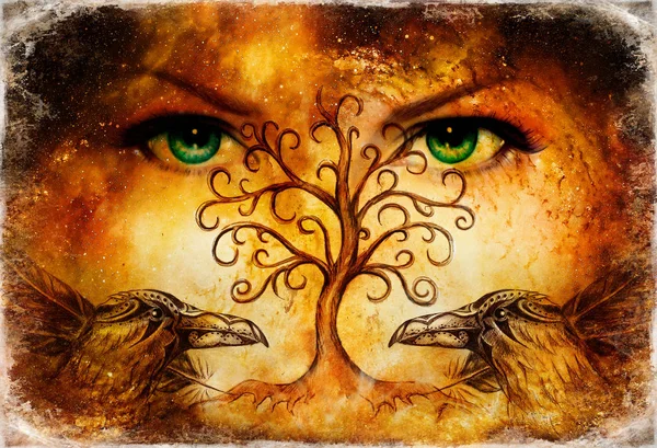 Pair of ravens with tree of life symbol and green female goddess eyes on horizon. — Stock Photo, Image