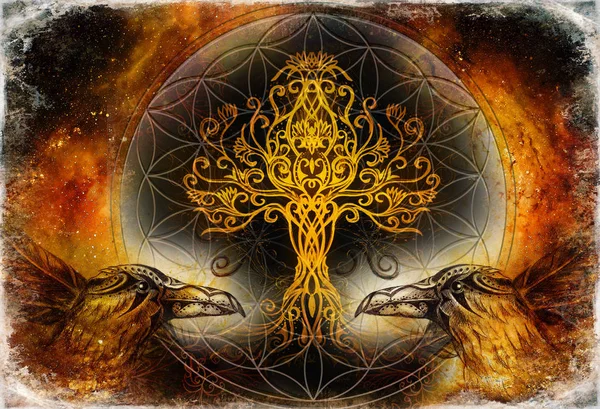 Yaşam ağacı ve yaşam sembolü kutsal geometri çiçeği olan kuzgunlar..