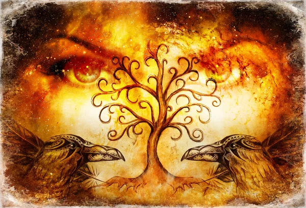 Par de cuervos con el símbolo del árbol de la vida y ojos de diosa hembra verde en el horizonte . — Foto de Stock