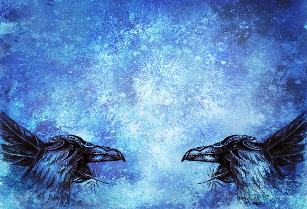 Sier Raven tekening met veren en Mandala. — Stockfoto