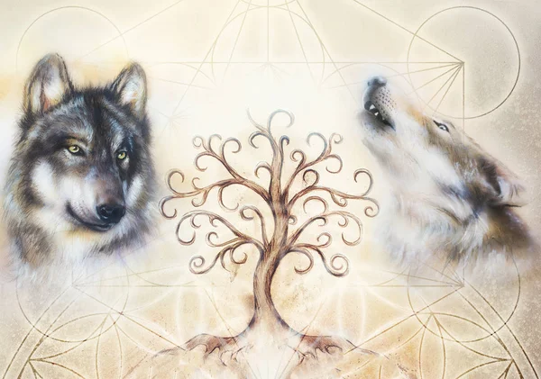 Dois lobos e árvore de símbolo da vida com padrão de geometria sagrada no fundo . — Fotografia de Stock