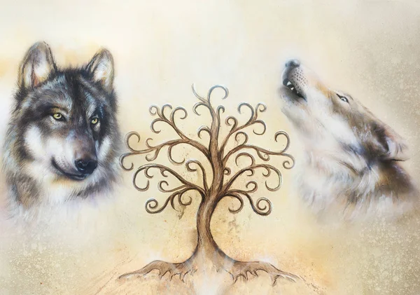 Two wolves and tree of life symbol. — Stock Photo, Image