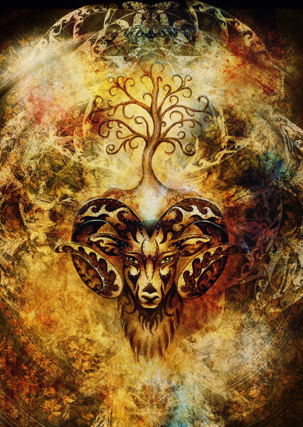 ornamental painting of Aries, sacred animal symbol and tree of life.