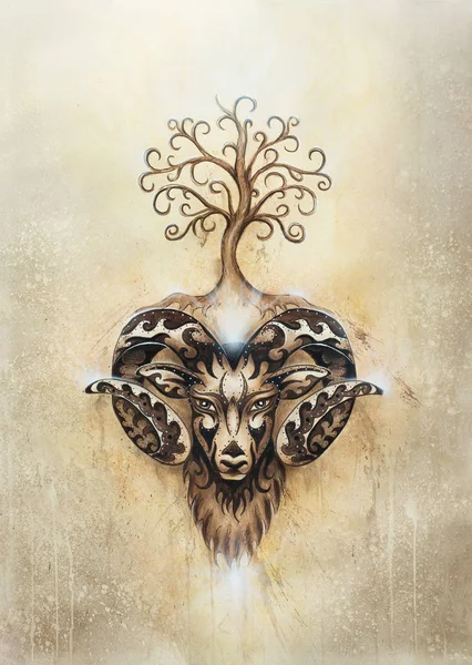 Pintura ornamental de Aries, símbolo animal sagrado y árbol de la vida . —  Fotos de Stock