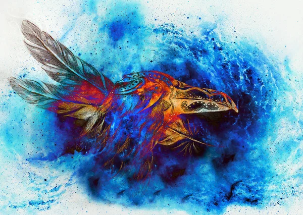Disegno corvo ornamentale con piume nello spazio cosmico. — Foto Stock