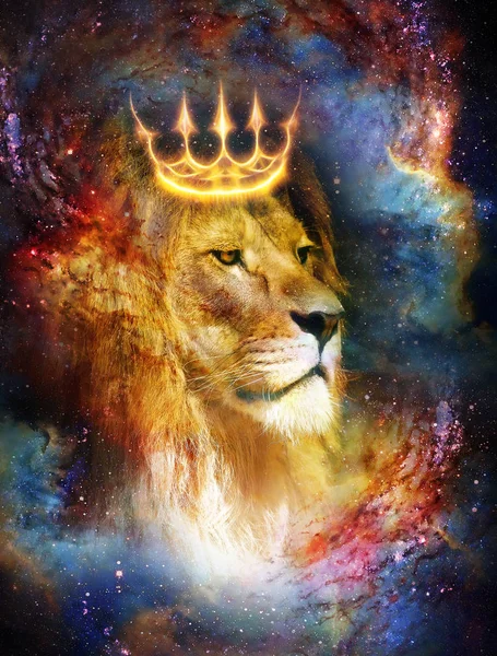 Re leone nello spazio cosmico. Leone su sfondo cosmico. — Foto Stock