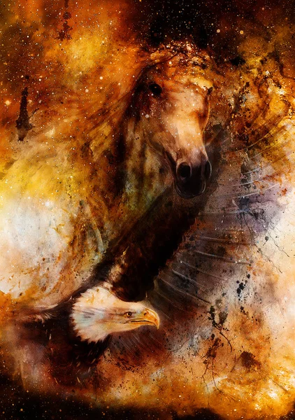 宇宙空間で飛ぶワシの美しい絵画イラストを持つ馬. — ストック写真
