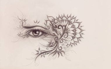 Göz ve süs Çizimi. Kağıt üzerinde orijinal el çizimi.