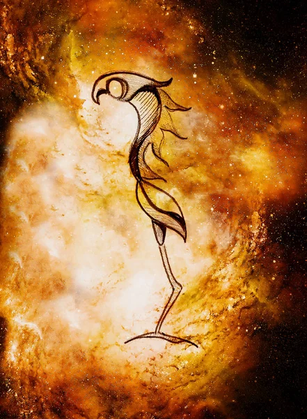 Tekening van Phantasy Bird, potlood tekening in kosmische ruimte. — Stockfoto