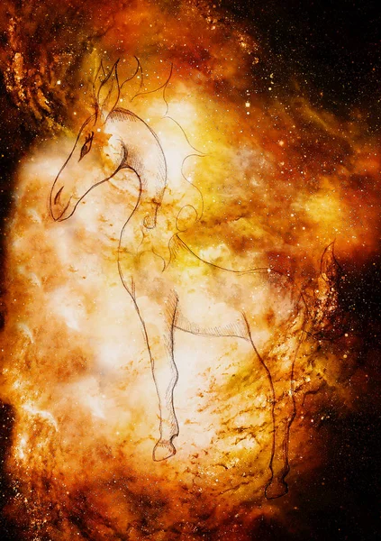 Fantasia cavallo creatura, disegno a matita nello spazio cosmico . — Foto Stock