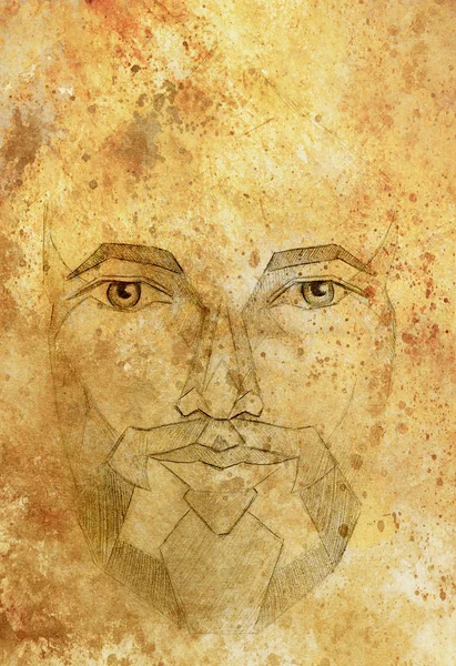 Ołówki rysunek Jezusa na papierze, stary struktura Sepia papieru. kontakt z oczami. — Zdjęcie stockowe