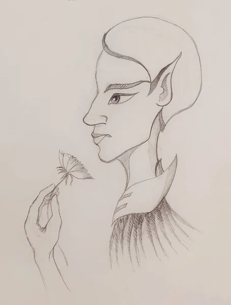 Mystic woman with flower. pencil drawing on paper.