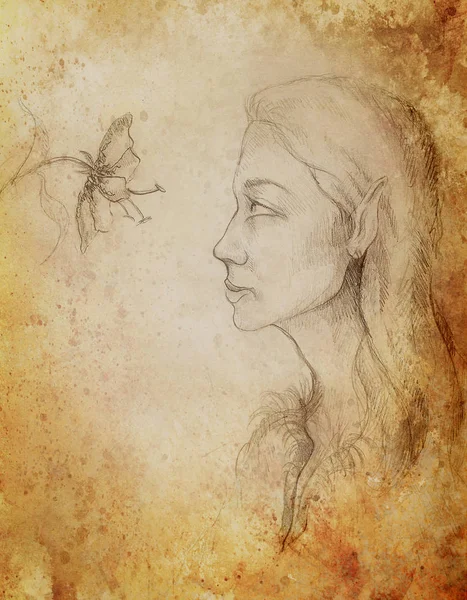 Mystische Frau mit Blume. Bleistiftzeichnung auf Papier. — Stockfoto