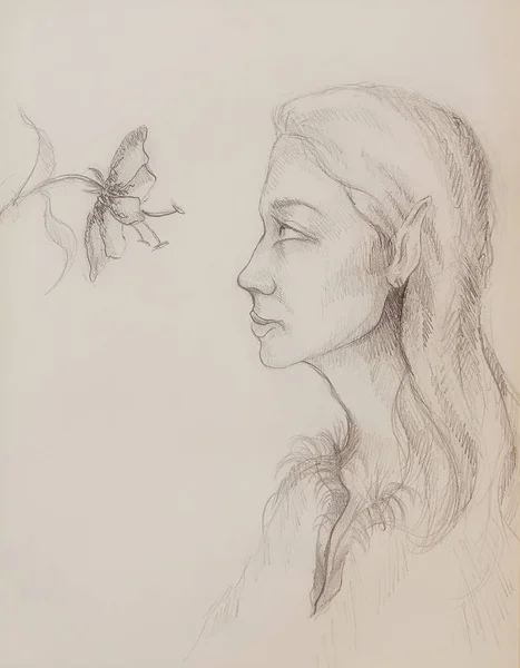 Mystic woman with flower. pencil drawing on paper.