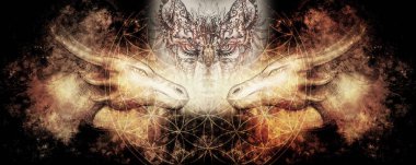 Uzayda kozmik ejderhalar, kozmik soyut arka plan ve süs kurduyla yaşamın çiçekleri..