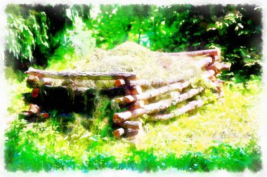 ormanlık permakültür bahçesinde güzel doğal kompost yığını ve bilgisayar boyama etkisi.