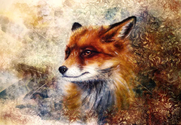 Painting of wild fox on paper. Ornamental background in border. — Stock Photo, Image