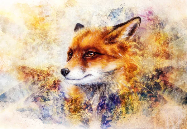 Painting of wild fox on paper. Ornamental background in border. — Stock Photo, Image