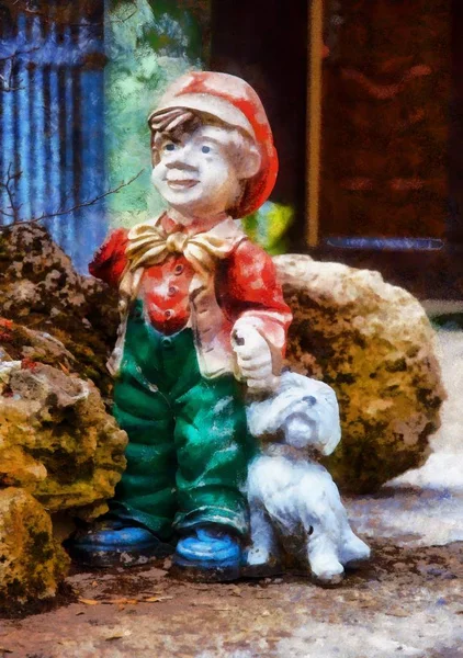 Colorido jardim anão estátua com pouco filhote de cachorro . — Fotografia de Stock
