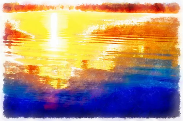 Bela paisagem com sol nascente refletindo em águas do lago, efeito gráfico do computador . — Fotografia de Stock